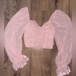 Pink Ruched Crop Blouse with Puff Sleeves